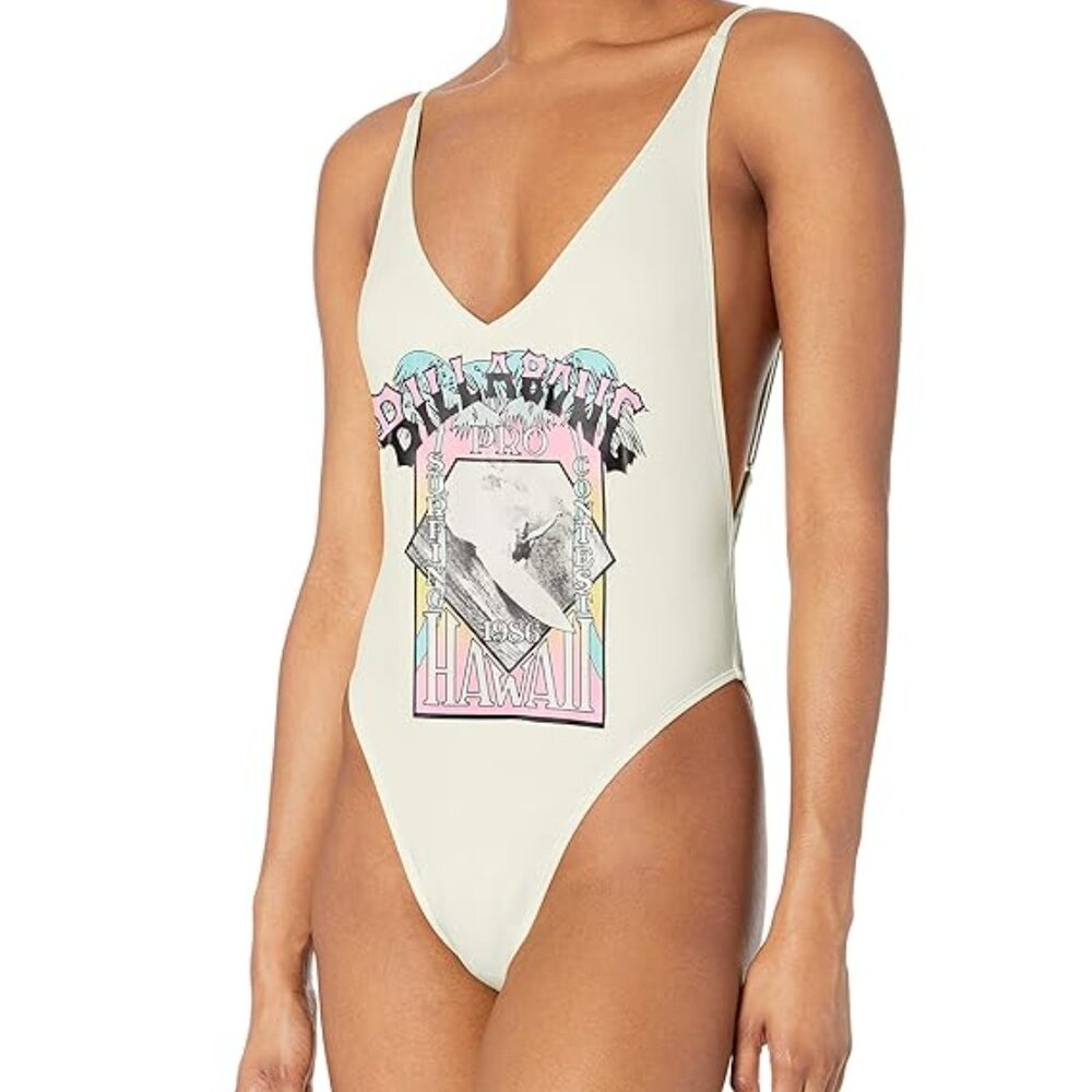 NWT Billabong Womens Reissue One Piece Swim Graphic Swimsuit High Cut Leg Logo